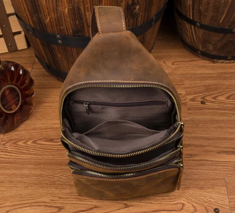 Casual Brown Leather Mens Sling Pack Sling Bags Chest Bag One Shoulder Backpack for Men