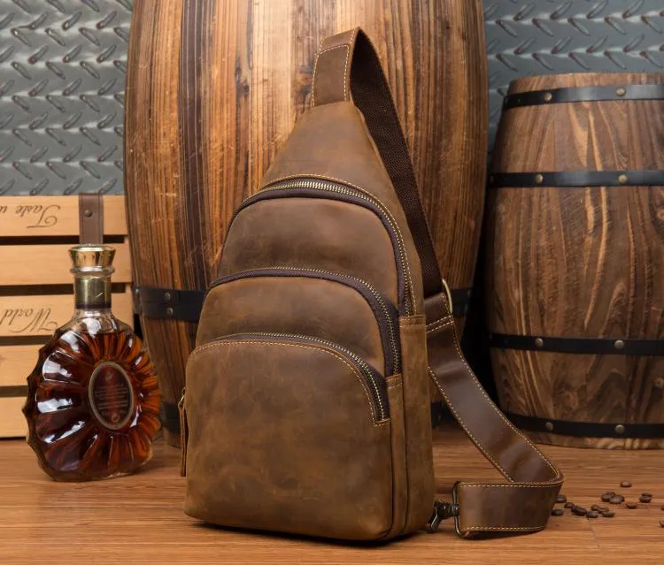 Casual Brown Leather Mens Sling Pack Sling Bags Chest Bag One Shoulder Backpack for Men