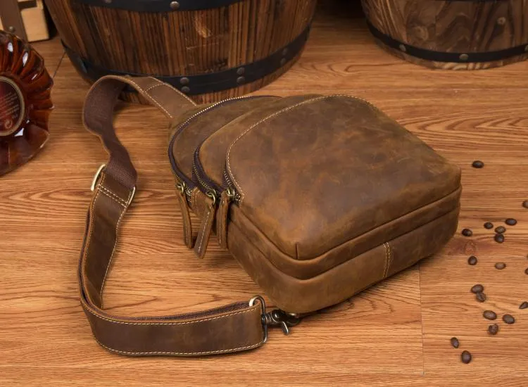 Casual Brown Leather Mens Sling Pack Sling Bags Chest Bag One Shoulder Backpack for Men