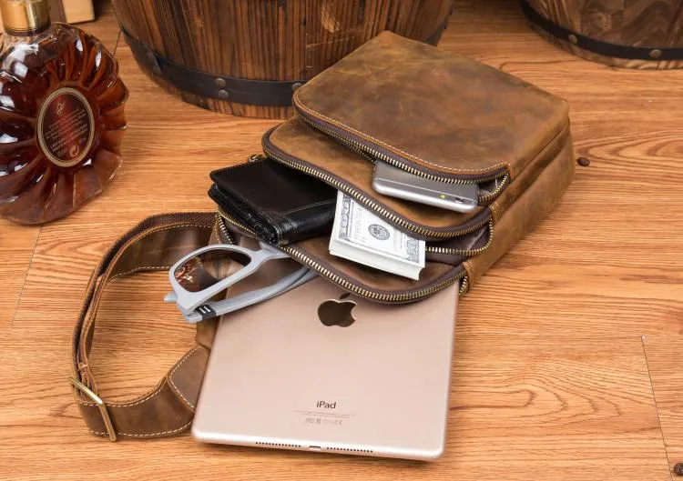 Casual Brown Leather Mens Sling Pack Sling Bags Chest Bag One Shoulder Backpack for Men