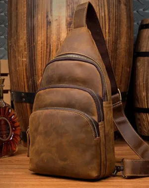 Casual Brown Leather Mens Sling Pack Sling Bags Chest Bag One Shoulder Backpack for Men