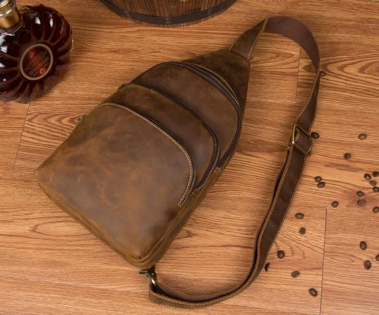 Casual Brown Leather Mens Sling Pack Sling Bags Chest Bag One Shoulder Backpack for Men