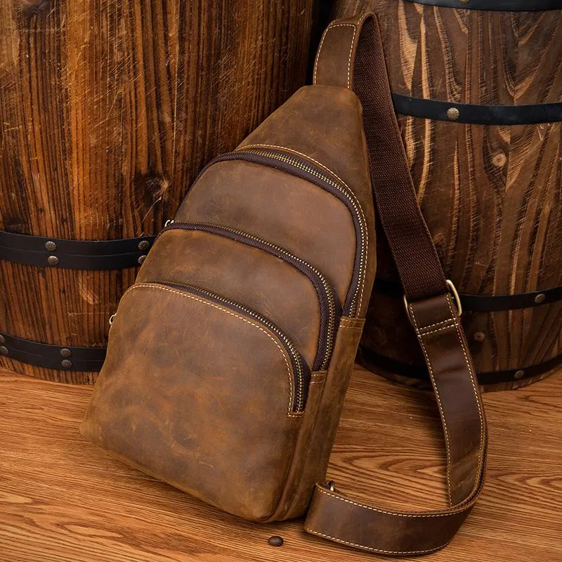 Casual Brown Leather Mens Sling Pack Sling Bags Chest Bag One Shoulder Backpack for Men