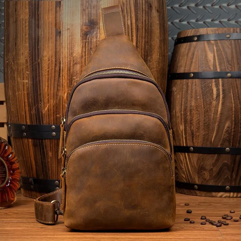 Casual Brown Leather Mens Sling Pack Sling Bags Chest Bag One Shoulder Backpack for Men
