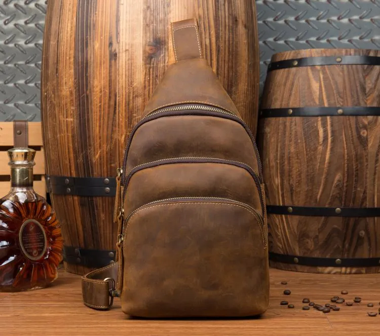 Casual Brown Leather Mens Sling Pack Sling Bags Chest Bag One Shoulder Backpack for Men