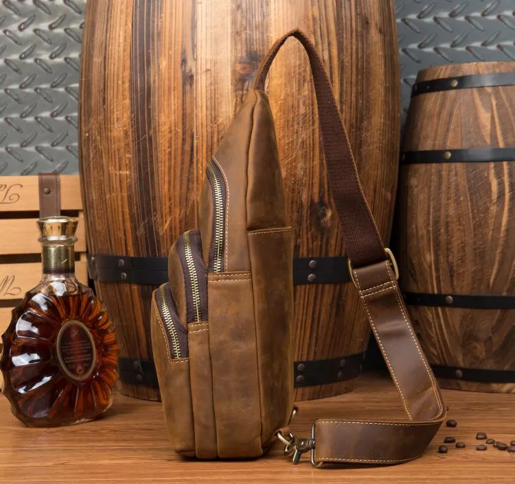 Casual Brown Leather Mens Sling Pack Sling Bags Chest Bag One Shoulder Backpack for Men