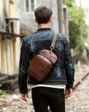 Casual Brown Leather Mens Sling Pack Sling Bags Chest Bags Brown One Shoulder Backpack for Men