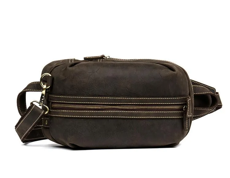Casual Dark Brown Leather Mens One Shoulder Backpacks Sling Bags Chest Bags for Men