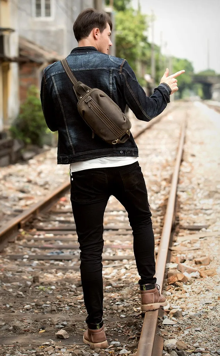 Casual Dark Brown Leather Mens One Shoulder Backpacks Sling Bags Chest Bags for Men