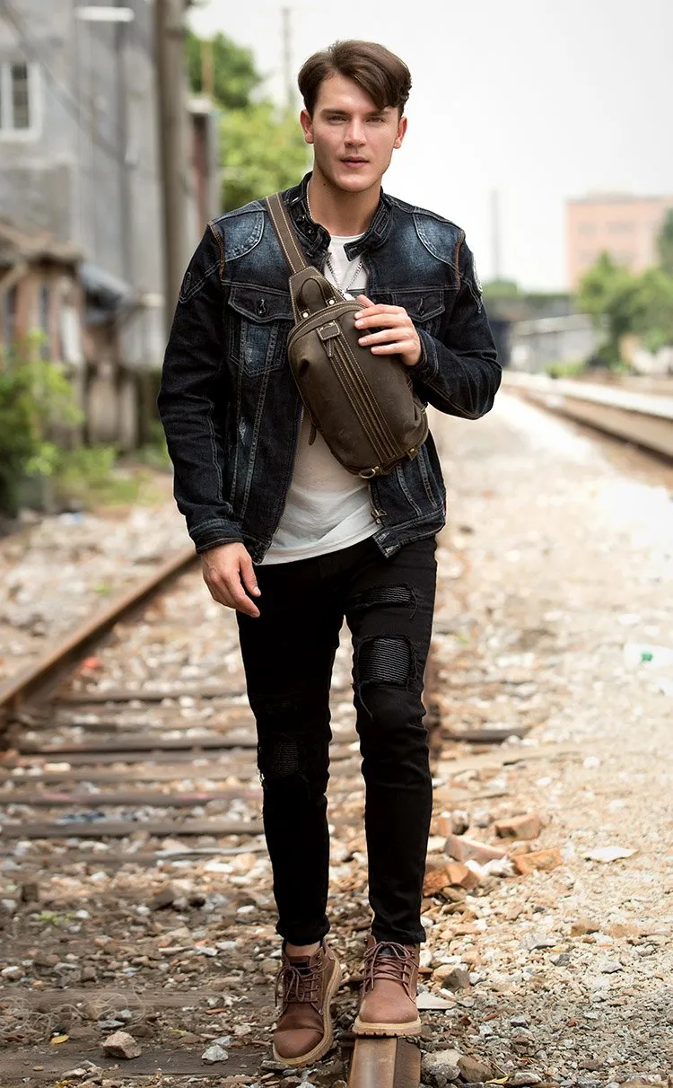 Casual Dark Brown Leather Mens One Shoulder Backpacks Sling Bags Chest Bags for Men