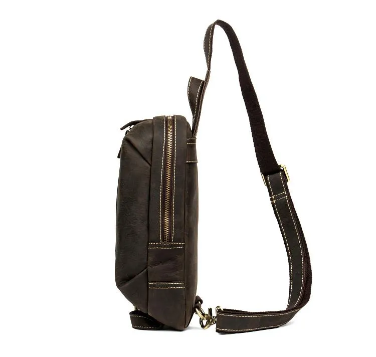 Casual Dark Brown Leather Mens One Shoulder Backpacks Sling Bags Chest Bags for Men