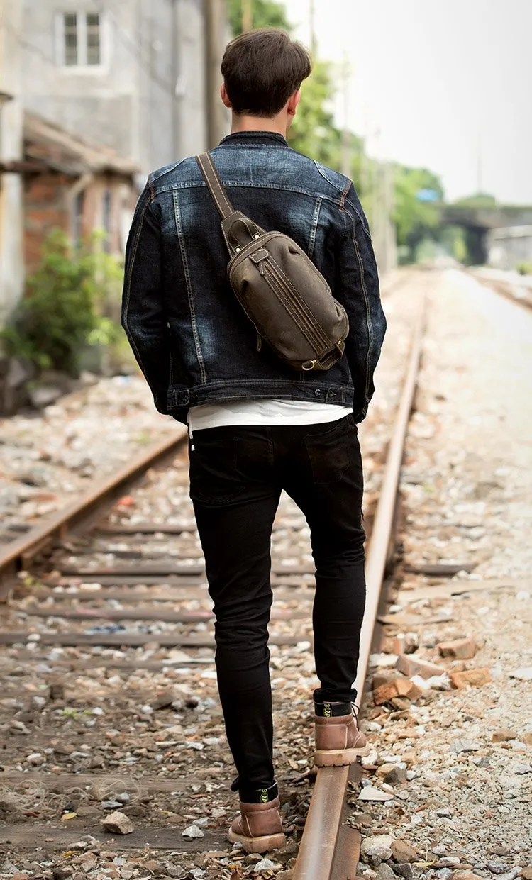 Casual Dark Brown Leather Mens One Shoulder Backpacks Sling Bags Chest Bags for Men