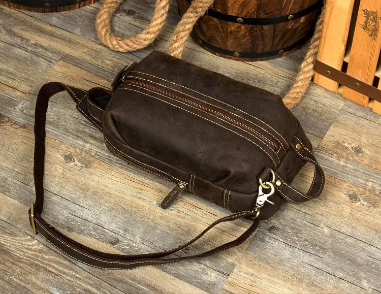 Casual Dark Brown Leather Mens One Shoulder Backpacks Sling Bags Chest Bags for Men