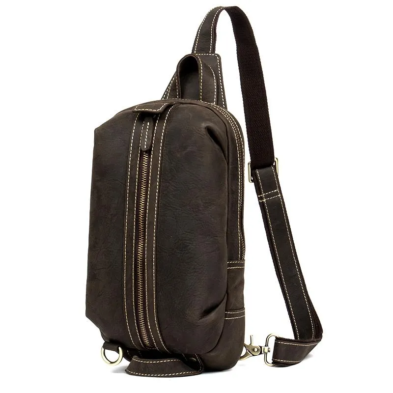 Casual Dark Brown Leather Mens One Shoulder Backpacks Sling Bags Chest Bags for Men