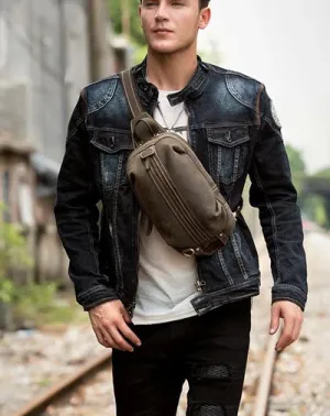 Casual Dark Brown Leather Mens One Shoulder Backpacks Sling Bags Chest Bags for Men