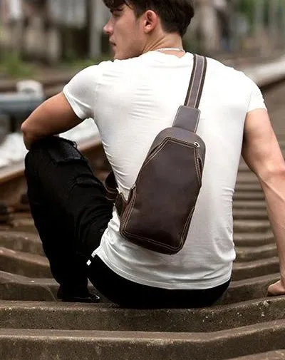 Casual Dark Brown Leather Mens Sling Pack Sling Bags Chest Bags One Shoulder Backpack for Men