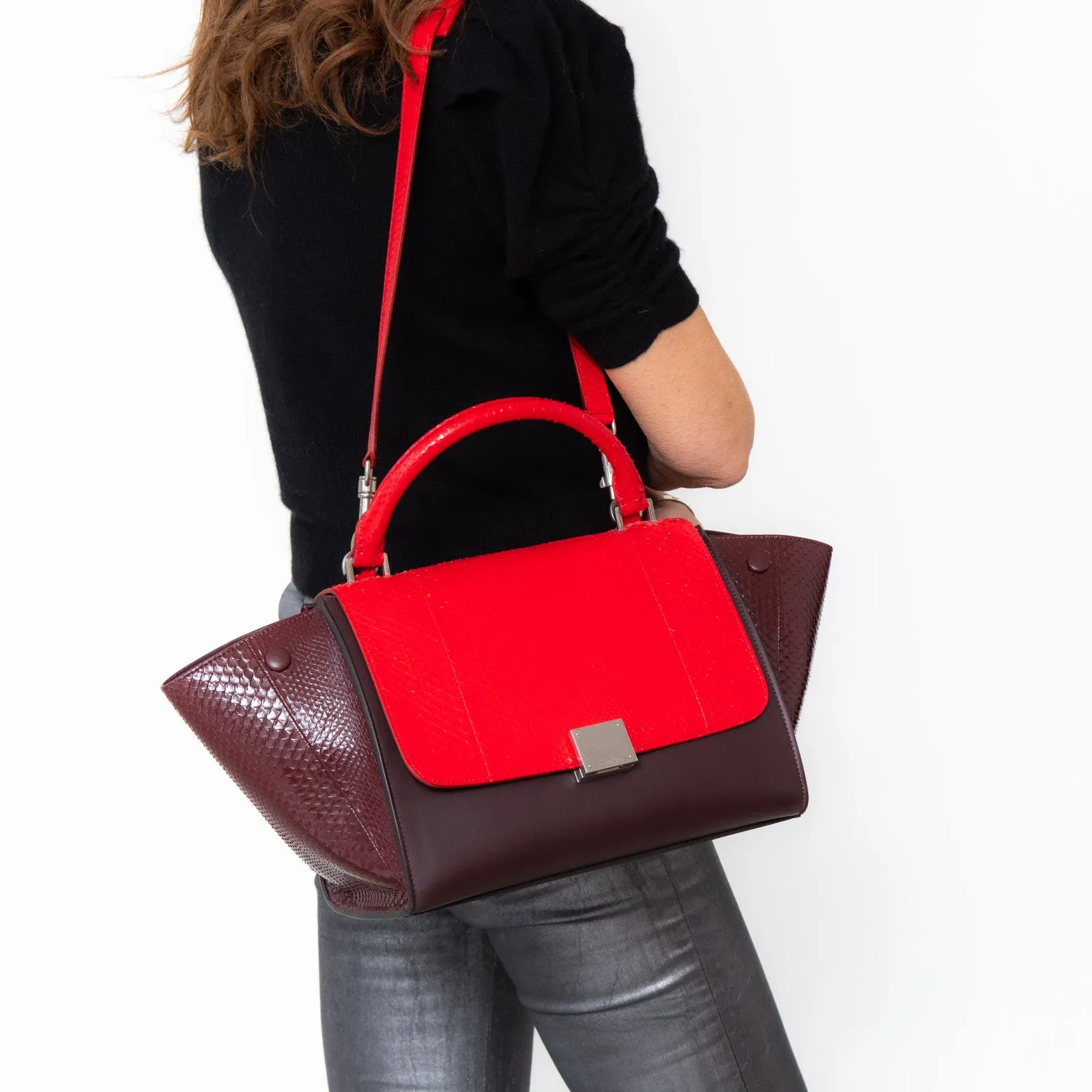 Celine Red And Burgundy Leather Trapeze Bag