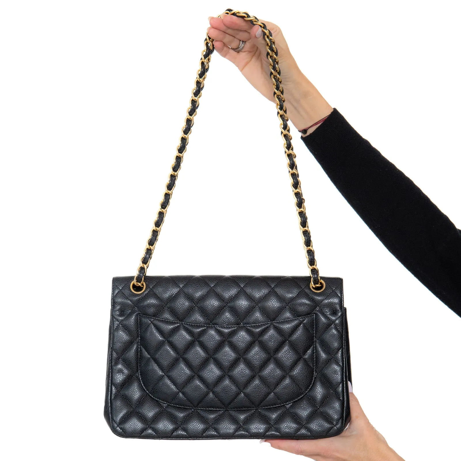 Chanel Black Jumbo Classic  Double Flap Bag In Caviar Leather With Gold Tone Hardware