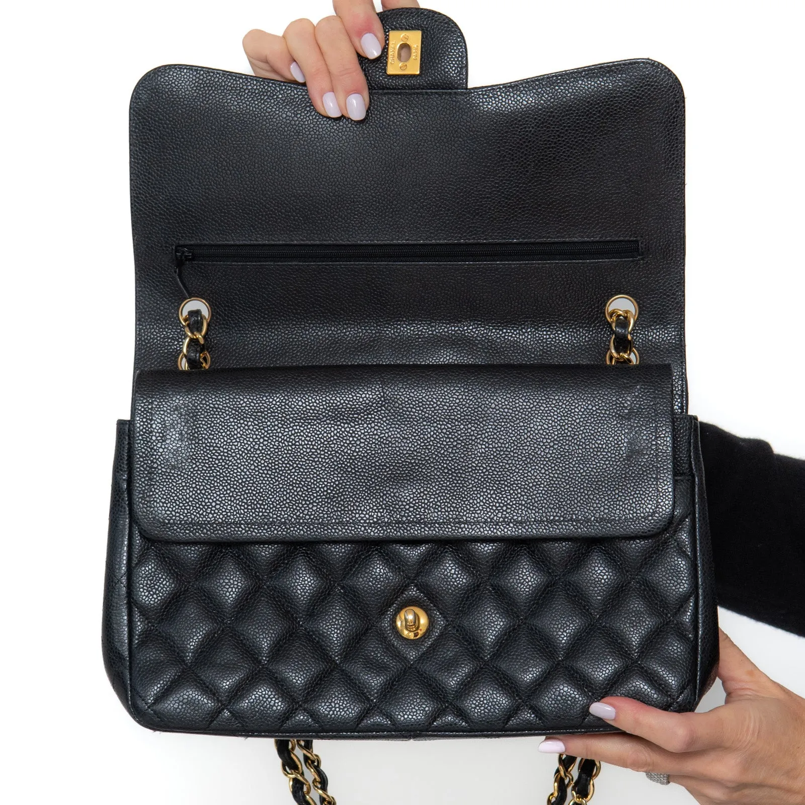 Chanel Black Jumbo Classic  Double Flap Bag In Caviar Leather With Gold Tone Hardware