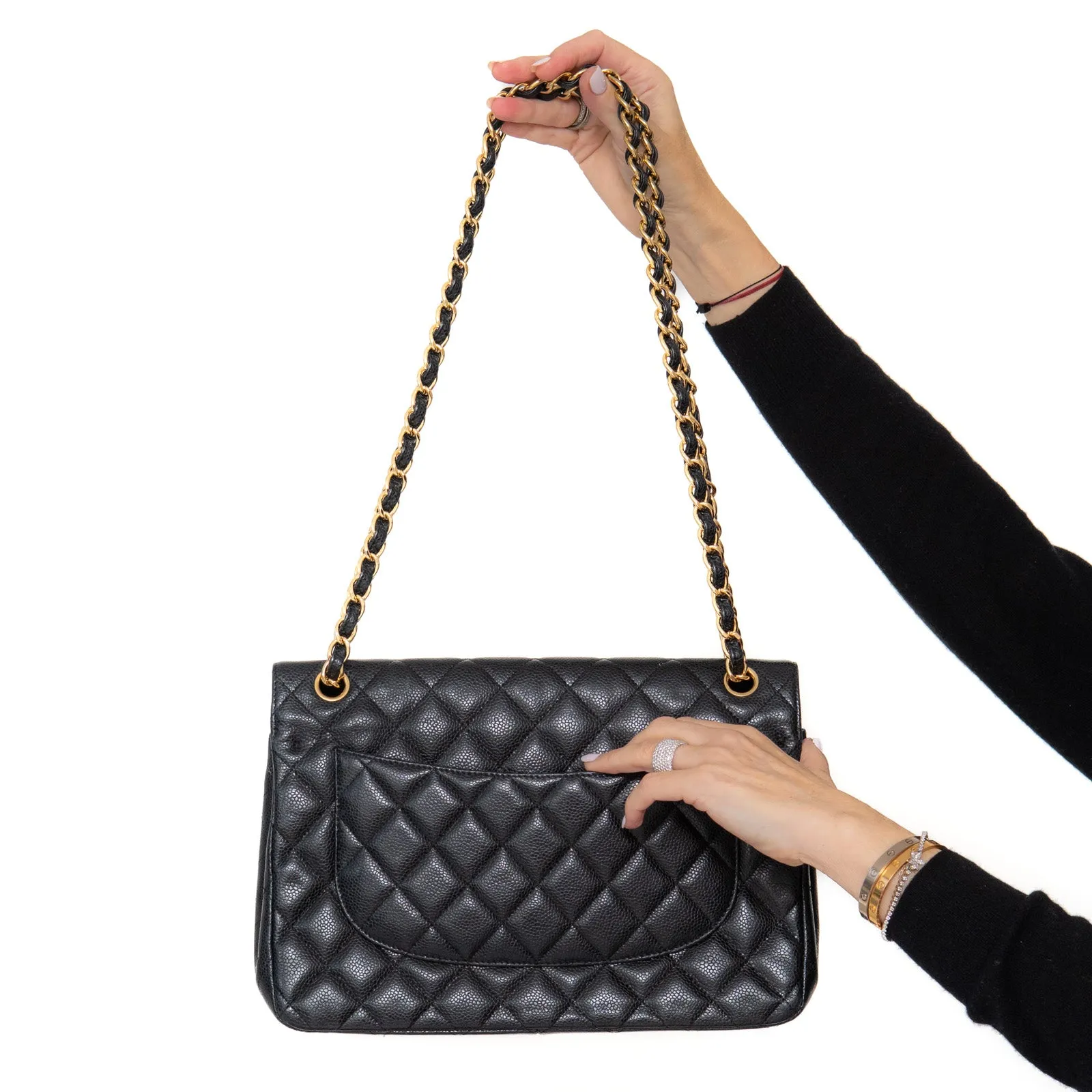 Chanel Black Jumbo Classic  Double Flap Bag In Caviar Leather With Gold Tone Hardware