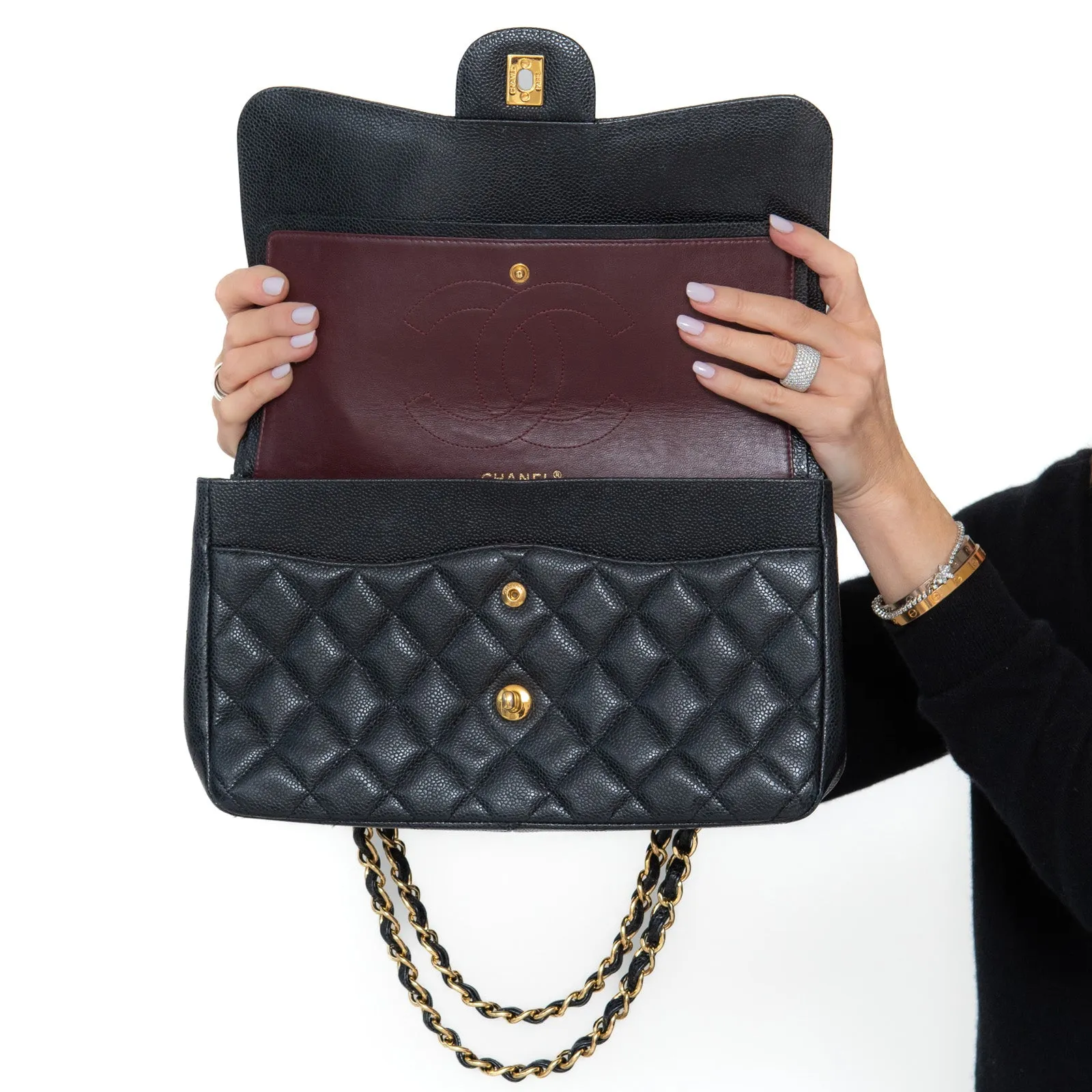 Chanel Black Jumbo Classic  Double Flap Bag In Caviar Leather With Gold Tone Hardware