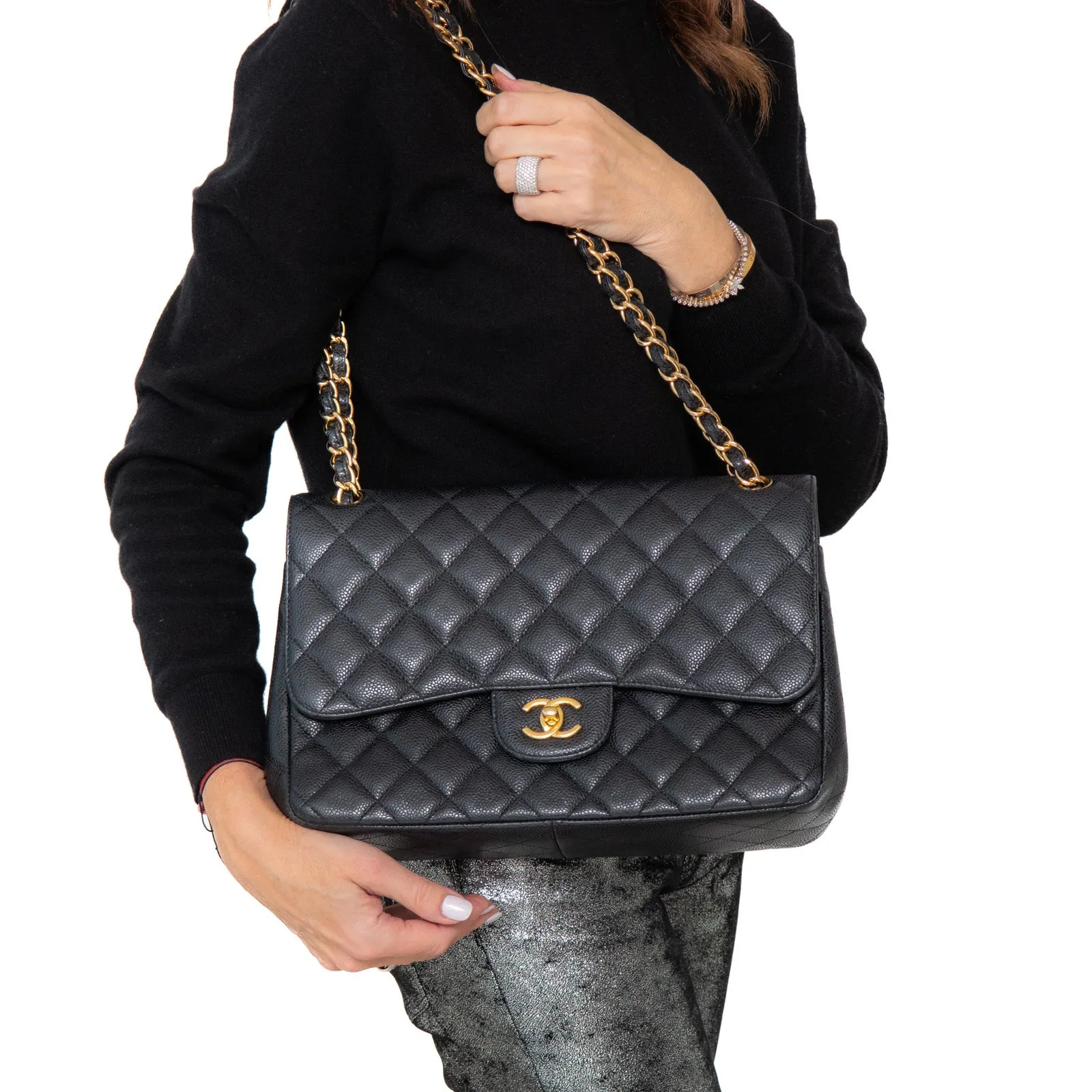 Chanel Black Jumbo Classic  Double Flap Bag In Caviar Leather With Gold Tone Hardware
