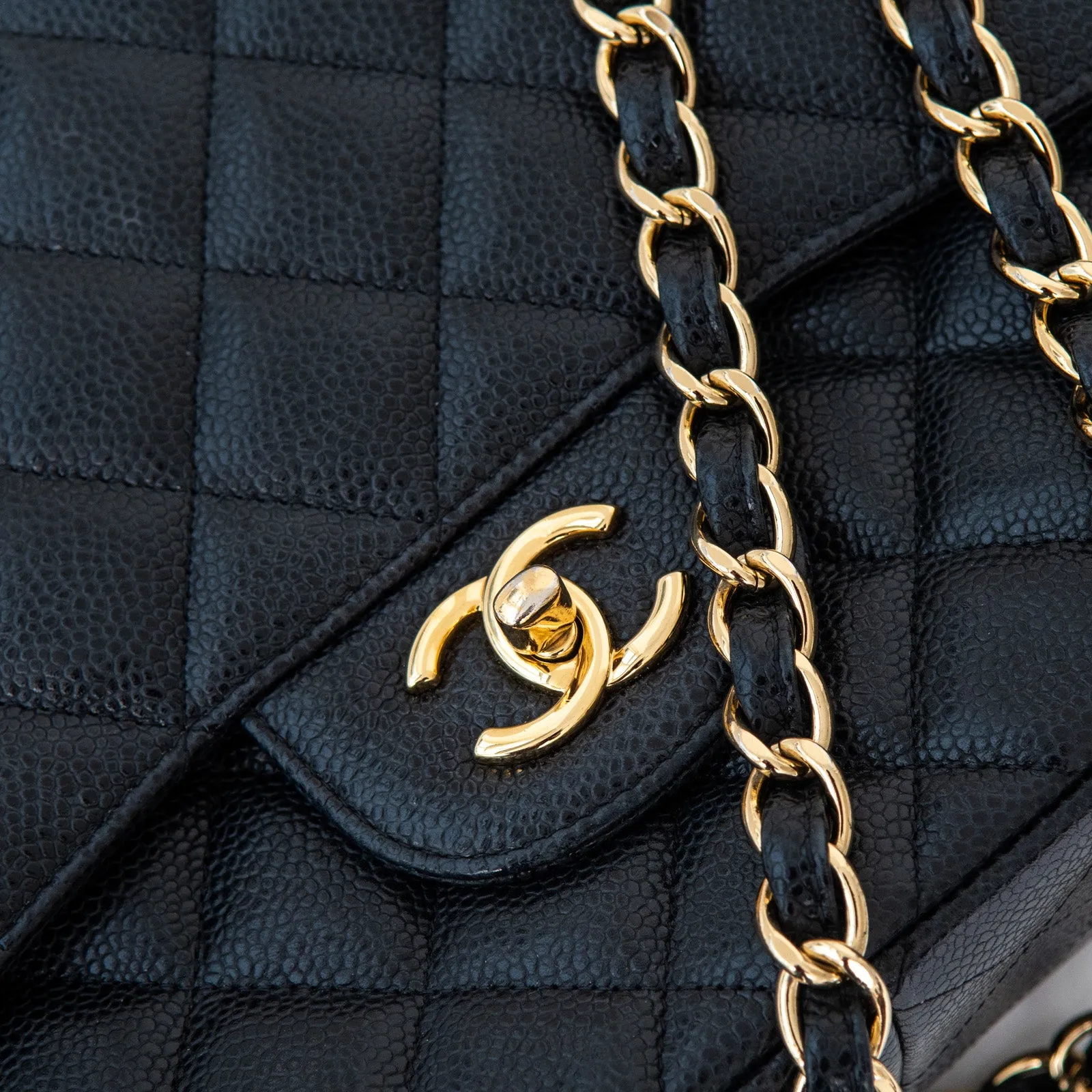 Chanel Black Jumbo Classic  Double Flap Bag In Caviar Leather With Gold Tone Hardware