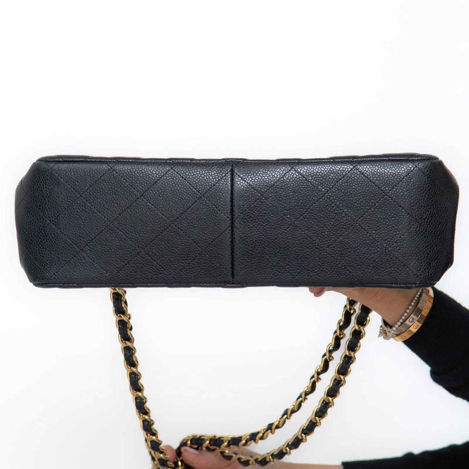 Chanel Black Jumbo Classic  Double Flap Bag In Caviar Leather With Gold Tone Hardware