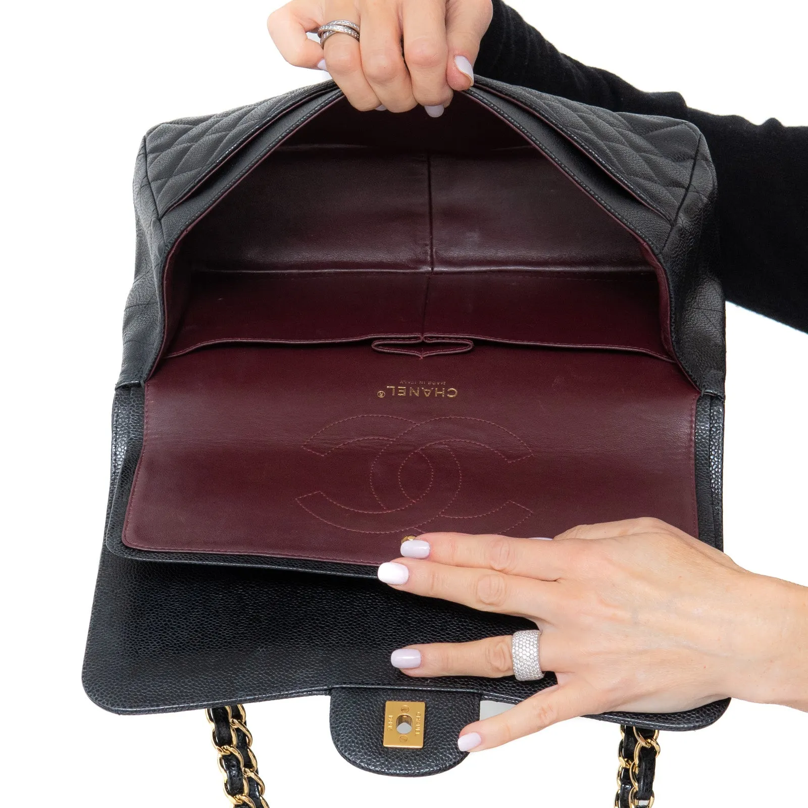 Chanel Black Jumbo Classic  Double Flap Bag In Caviar Leather With Gold Tone Hardware