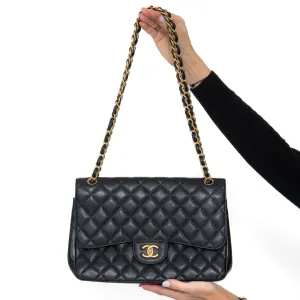 Chanel Black Jumbo Classic  Double Flap Bag In Caviar Leather With Gold Tone Hardware