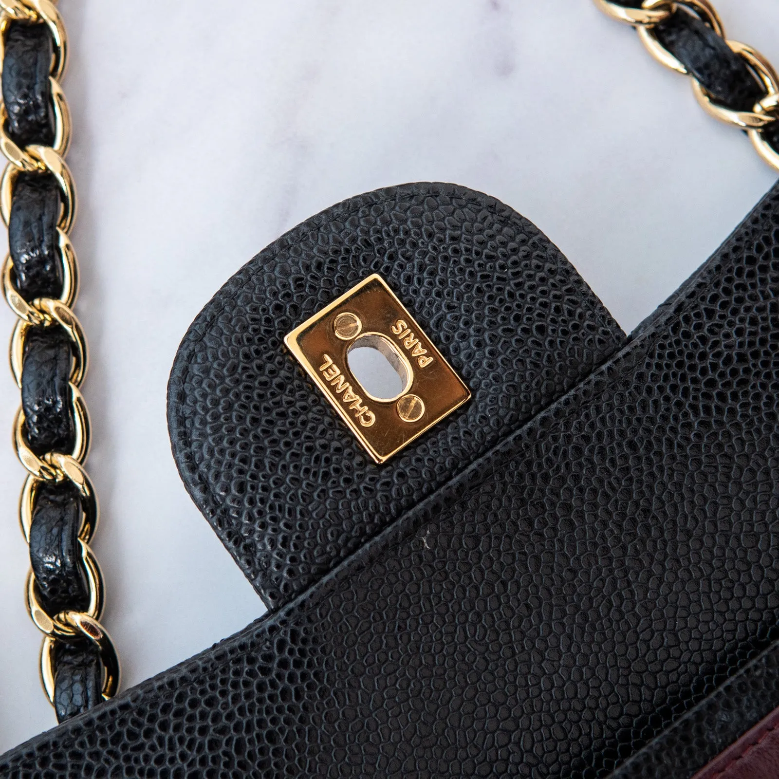 Chanel Black Jumbo Classic  Double Flap Bag In Caviar Leather With Gold Tone Hardware
