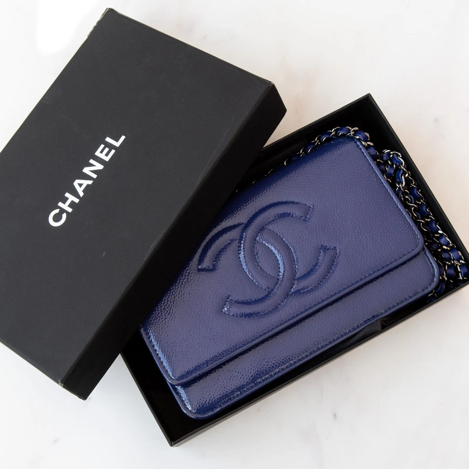 Chanel Cobalt Blue Patent Leather Timeless CC Wallet on Chain Bag