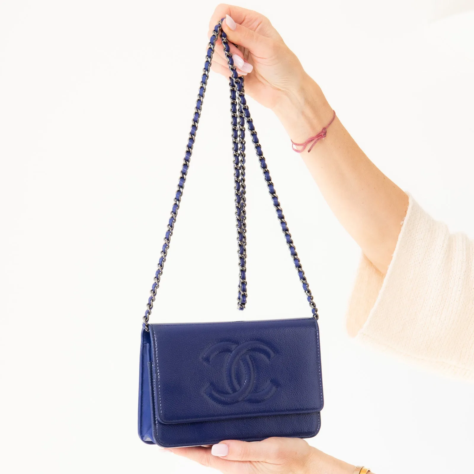 Chanel Cobalt Blue Patent Leather Timeless CC Wallet on Chain Bag