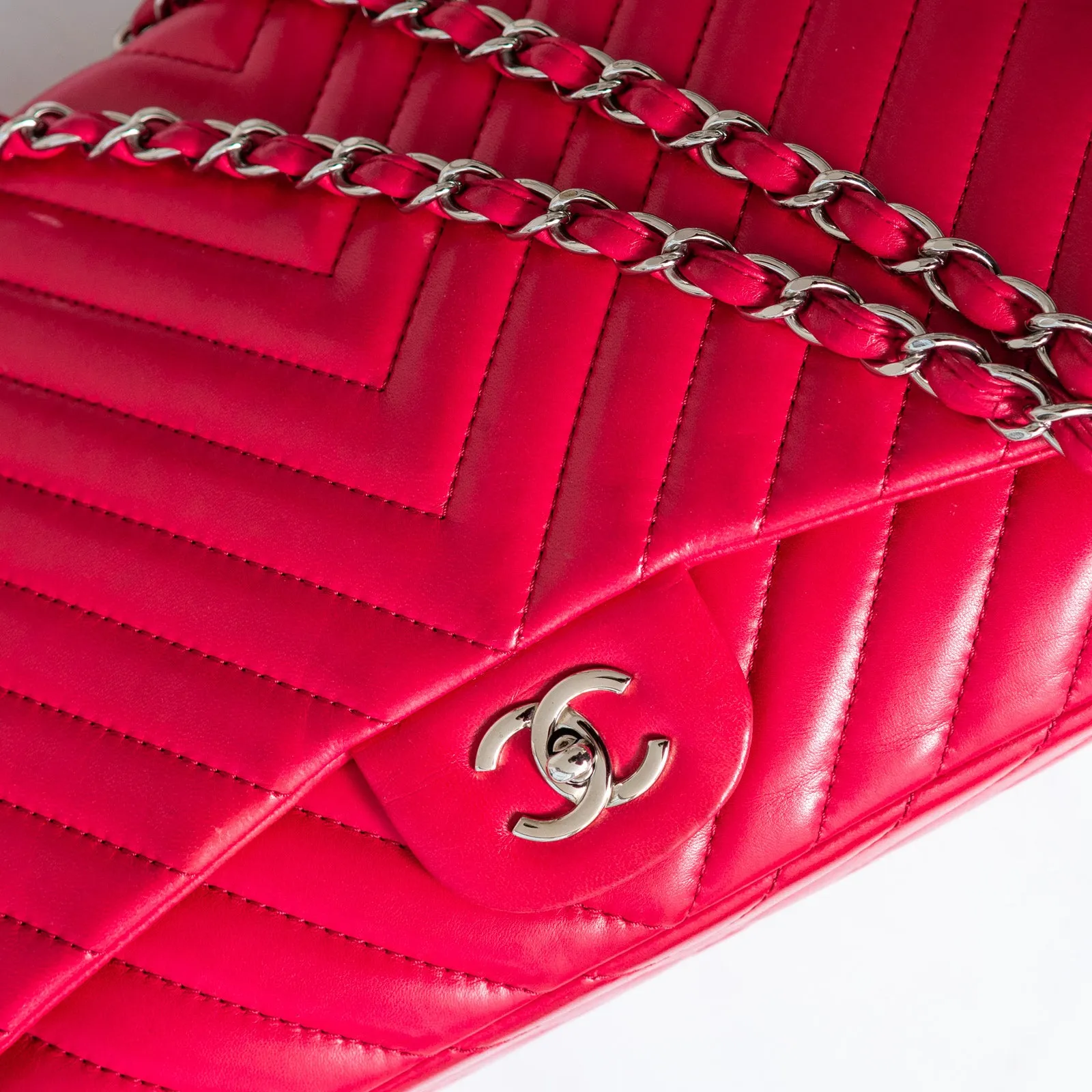 Chanel Fuschia Pink Jumbo Chevron Leather Single Flap Bag