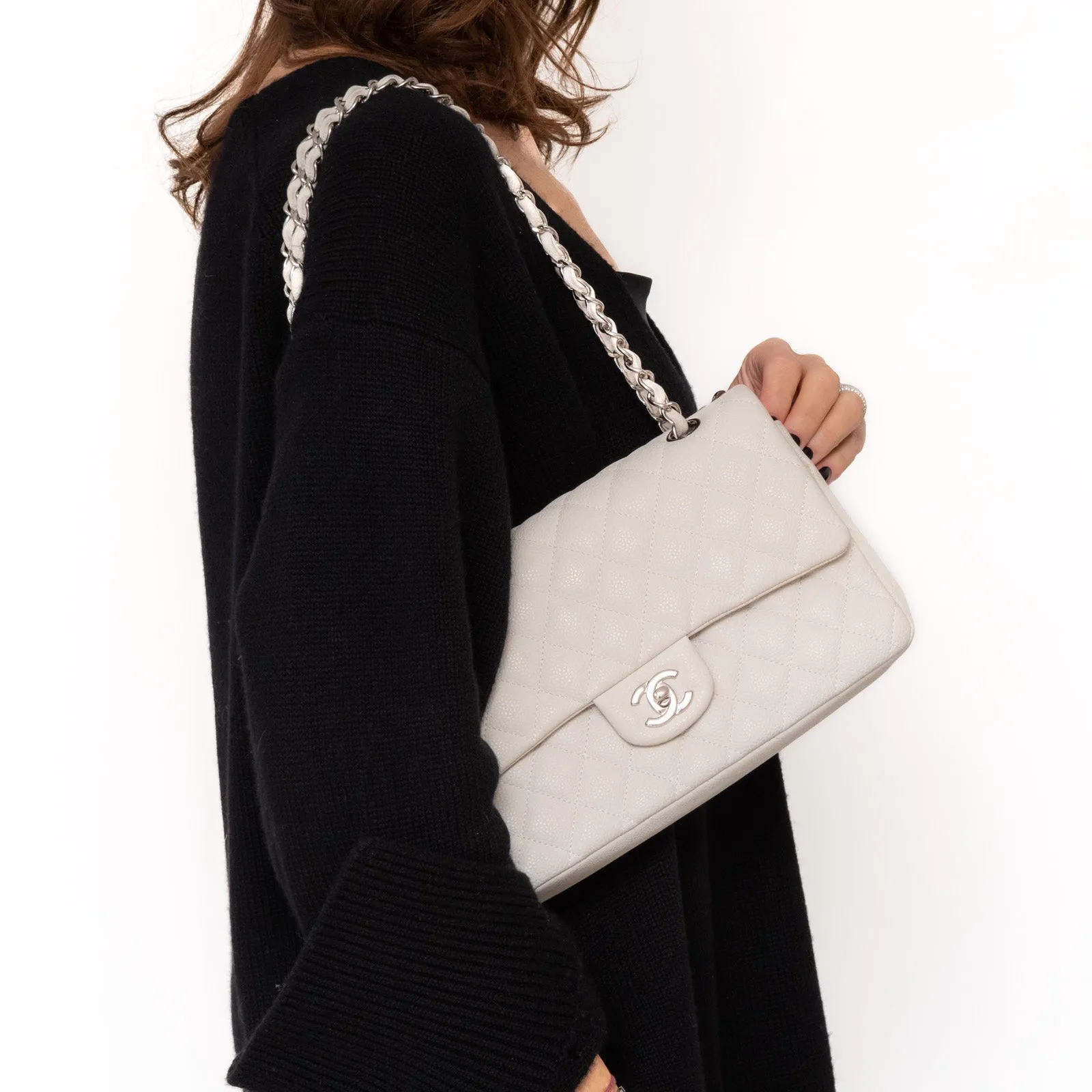 Chanel Off White Medium Classic  Double Flap  Bag In Caviar Leather