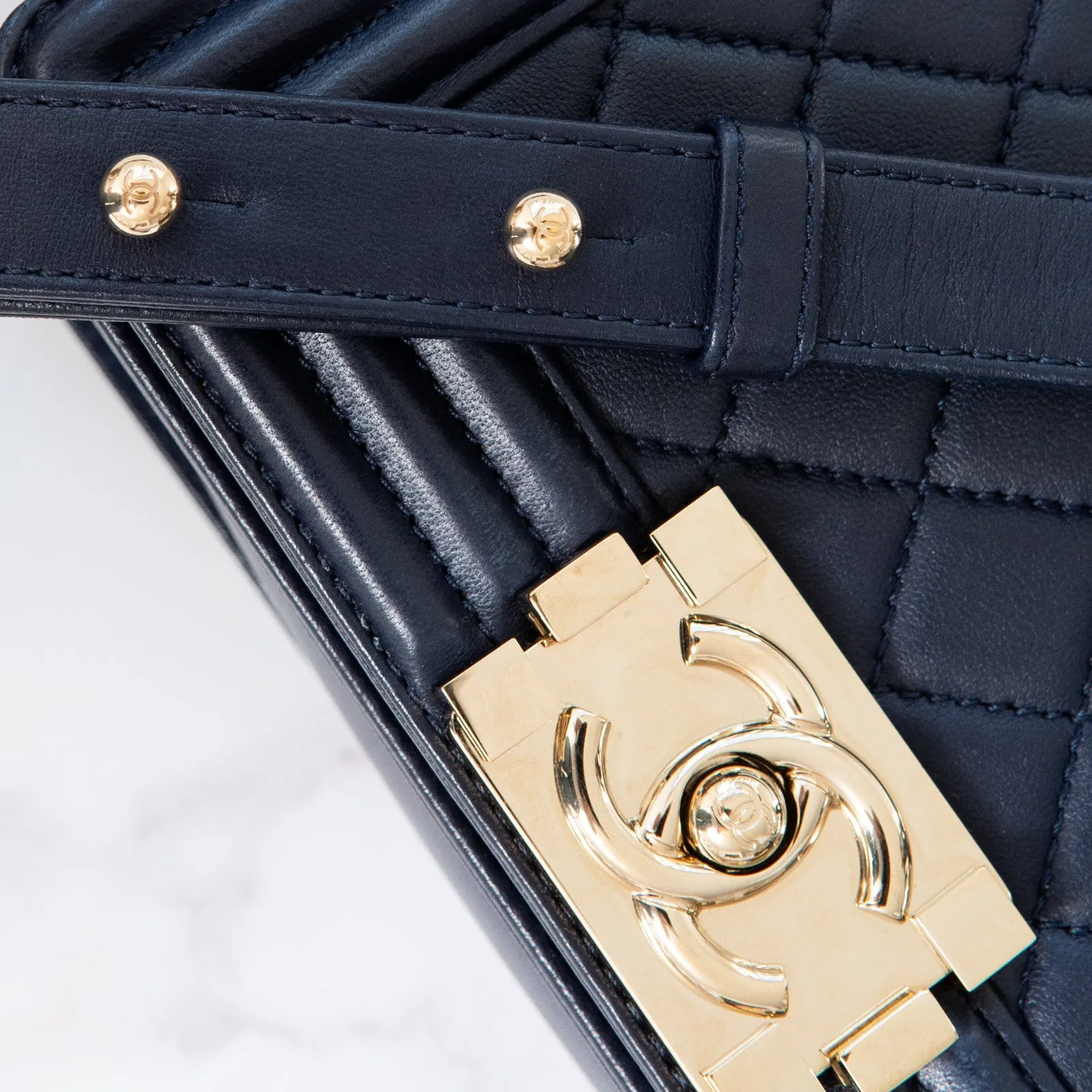 Chanel Small Navy Leather Boy Bag