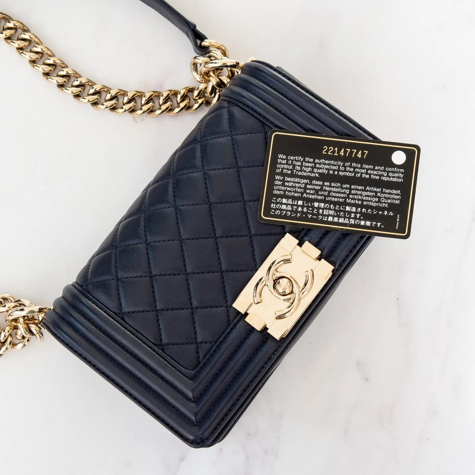 Chanel Small Navy Leather Boy Bag