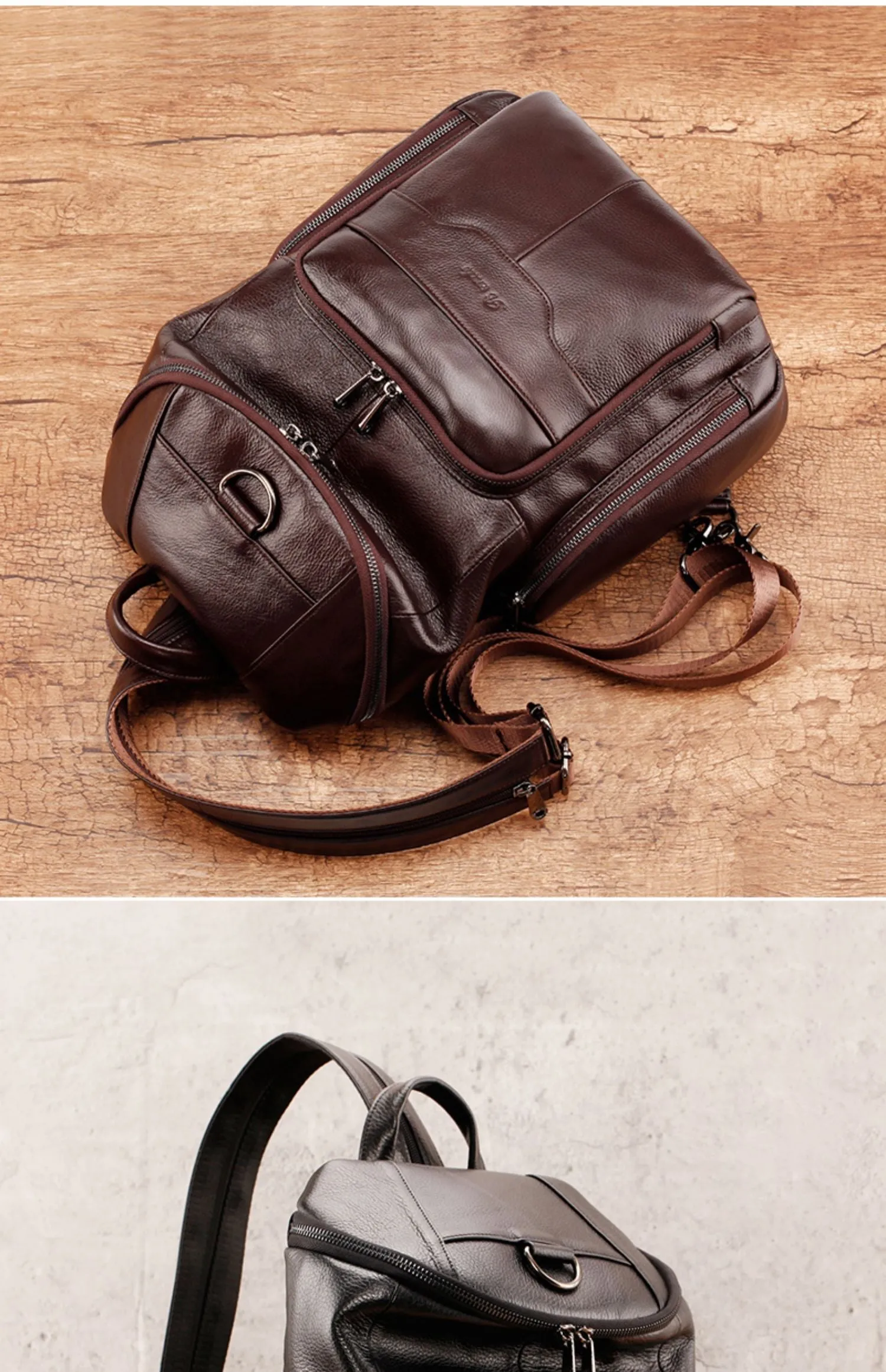 Coffee Leather Large Sling Bag For Men Convertible Sling Backpack For Big Men