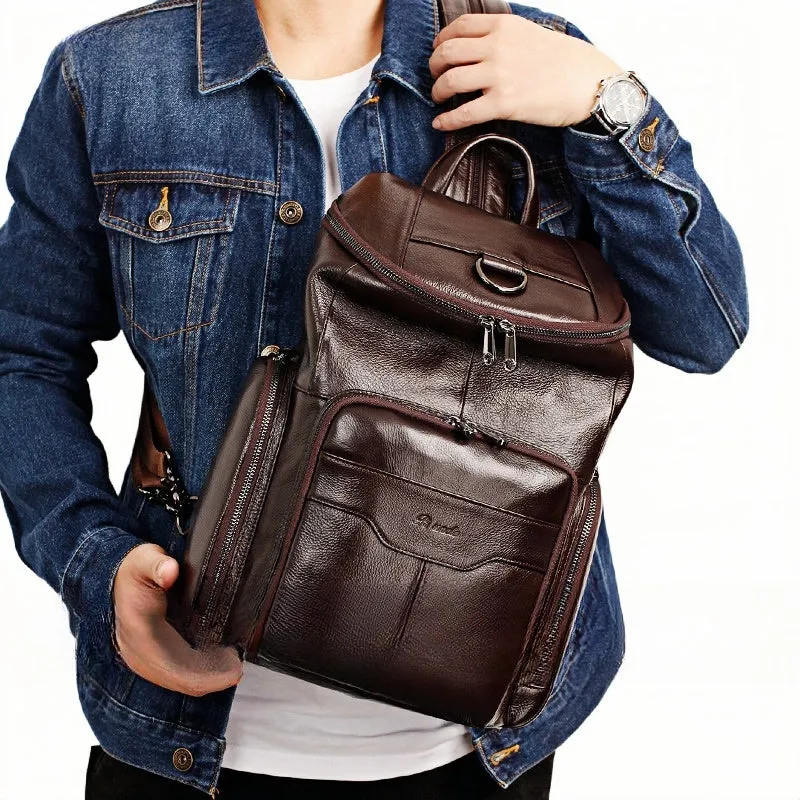 Coffee Leather Large Sling Bag For Men Convertible Sling Backpack For Big Men