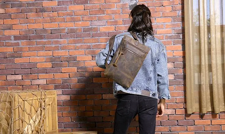 Coffee Leather Mens Cool Sling Bag Sling Shoulder Bags Chest Bags for men