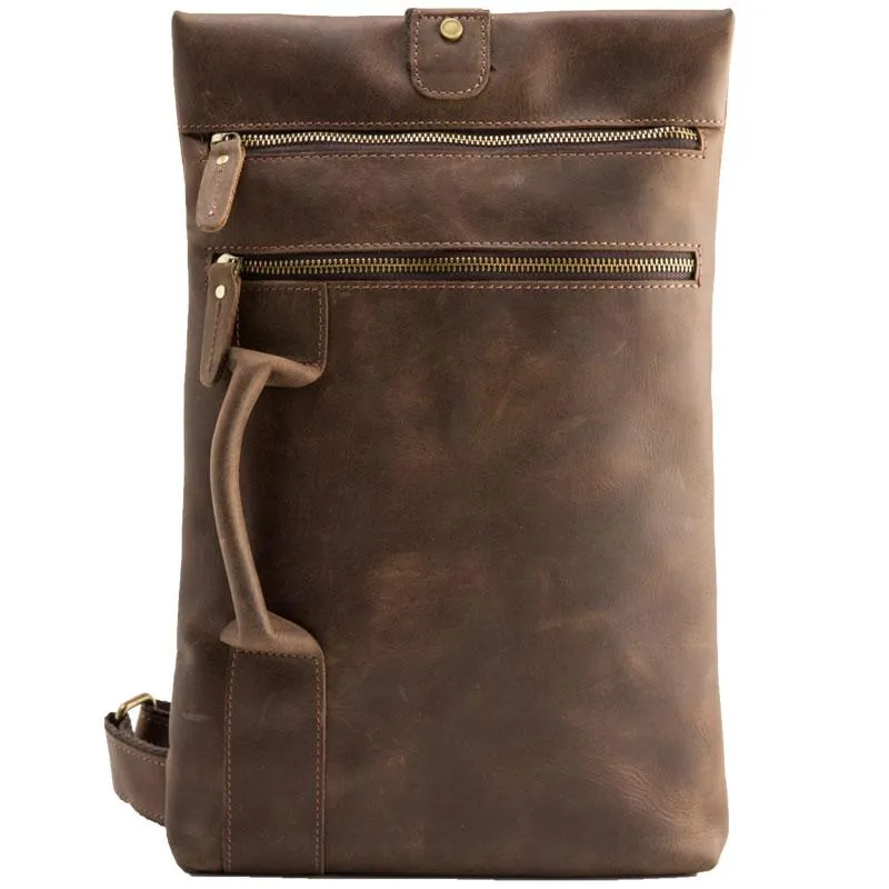 Coffee Leather Mens Cool Sling Bag Sling Shoulder Bags Chest Bags for men