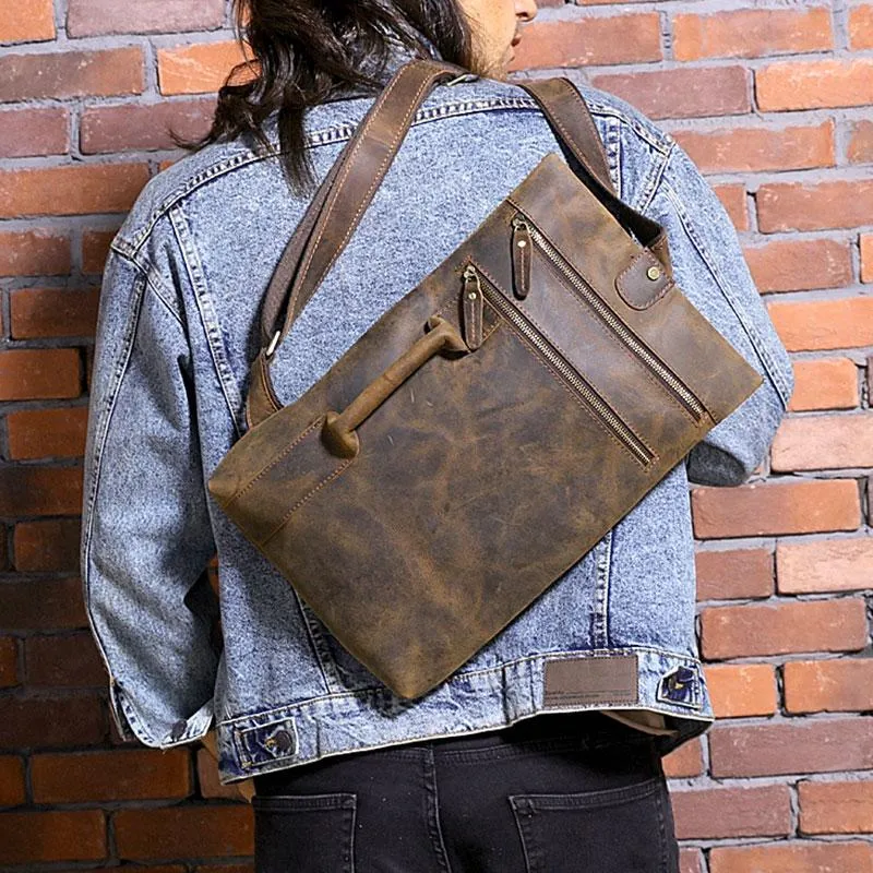 Coffee Leather Mens Cool Sling Bag Sling Shoulder Bags Chest Bags for men