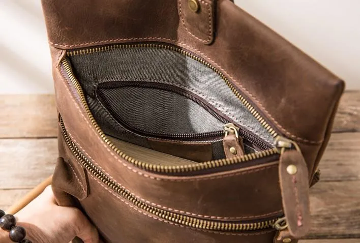 Coffee Leather Mens Cool Sling Bag Sling Shoulder Bags Chest Bags for men