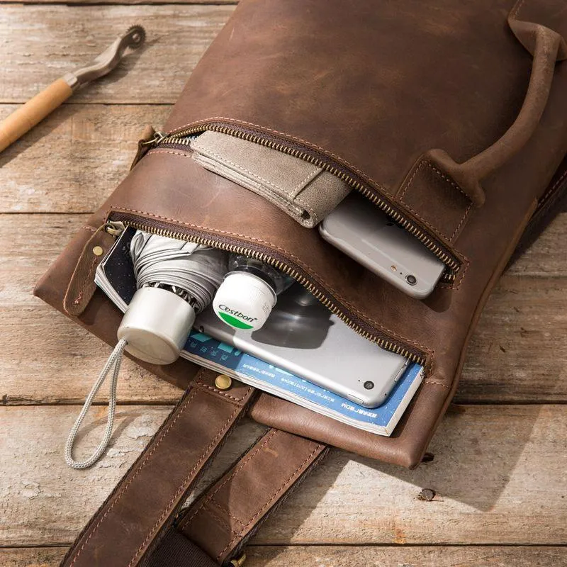 Coffee Leather Mens Cool Sling Bag Sling Shoulder Bags Chest Bags for men