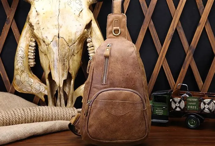 Cool Black and Brown Mens Leather Chest Bag Sling Bag Sling Crossbody Bag For Men