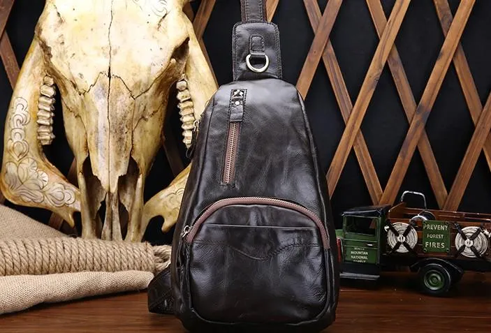 Cool Black and Brown Mens Leather Chest Bag Sling Bag Sling Crossbody Bag For Men