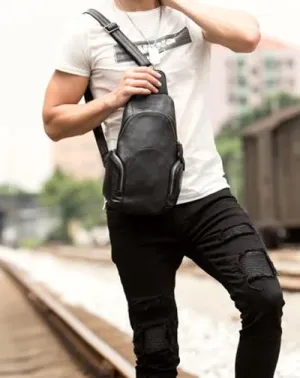Cool Black Leather Chest Bag Mens Cool Sling Bag Black Crossbody Pack for men