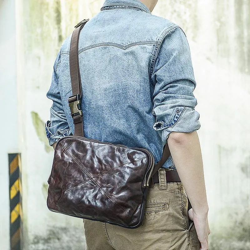 Cool Black Leather Men 10 inches Chest Bag Messenger Bag Courier Bags Postman Bag For Men