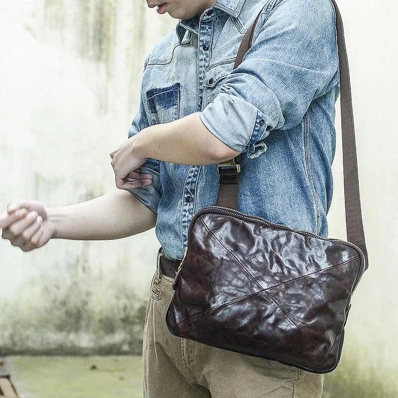 Cool Black Leather Men 10 inches Chest Bag Messenger Bag Courier Bags Postman Bag For Men