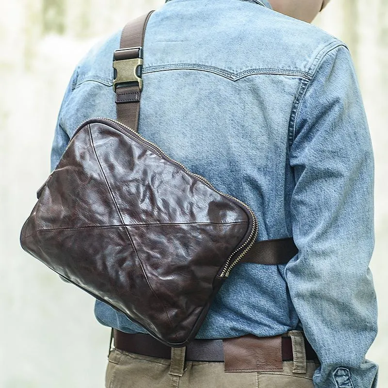 Cool Black Leather Men 10 inches Chest Bag Messenger Bag Courier Bags Postman Bag For Men